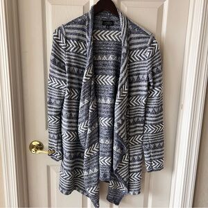 Lucky Brand Open Front Knit Cardigan Sweater Blue White Aztec Southwest